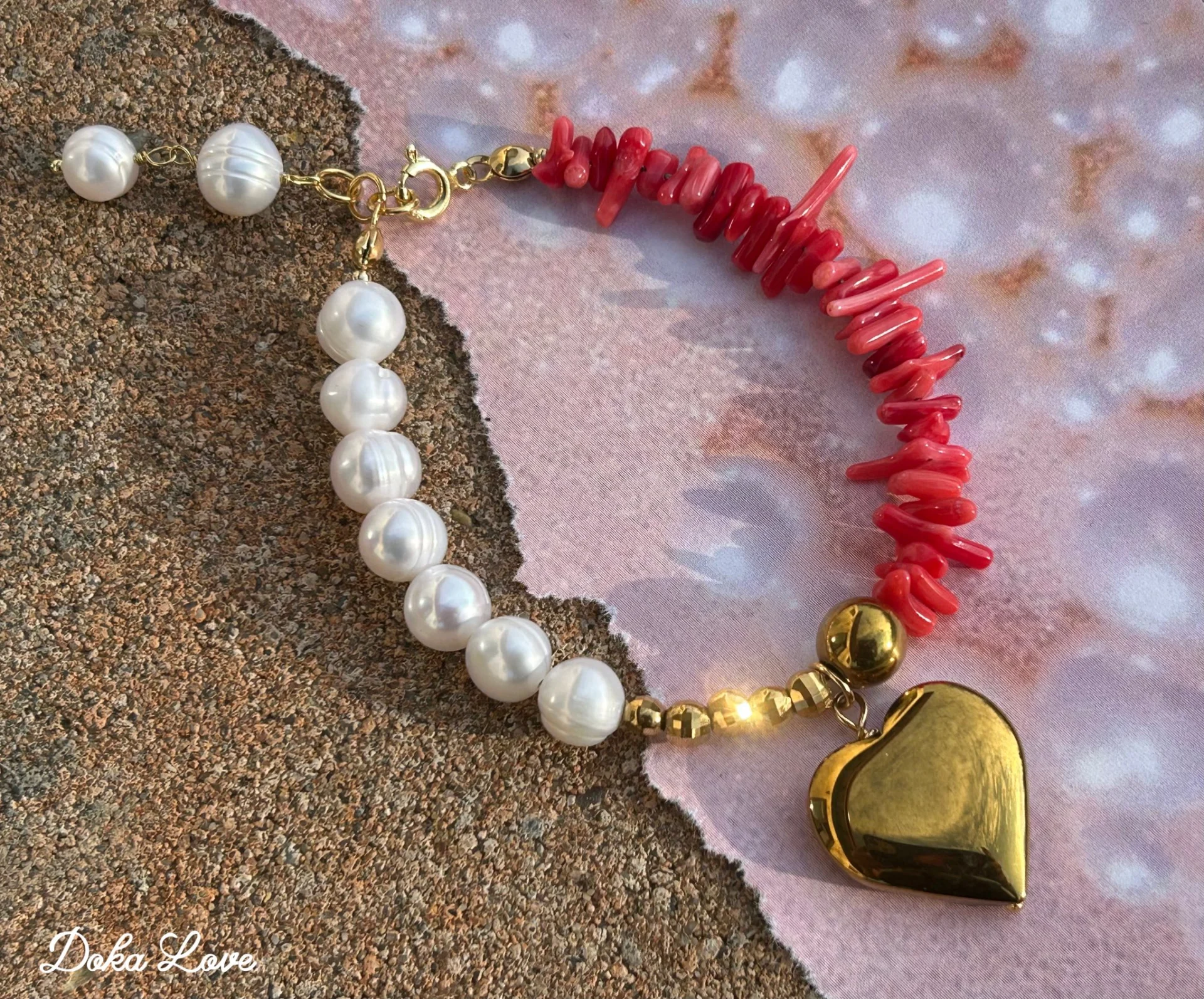 Bransoletka z pereł, korala, hematytu złotego i srebra pozłacanego