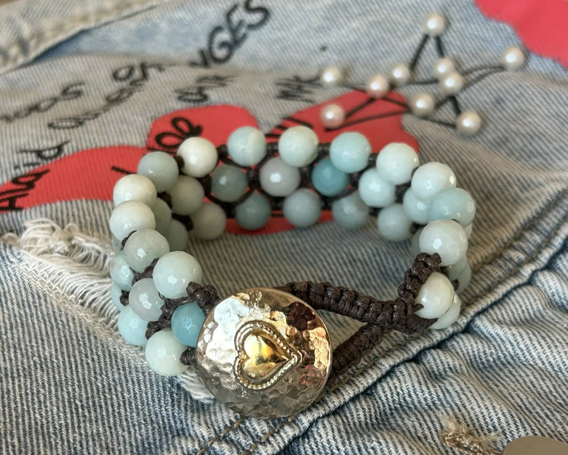 Trzyrzędowa bransoletka makramowa z amazonitu