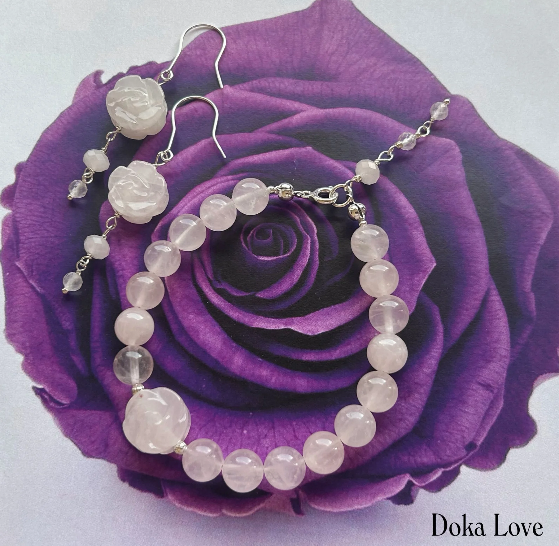 Kolczyki i bransoletka z kwarcu różowego i srebra